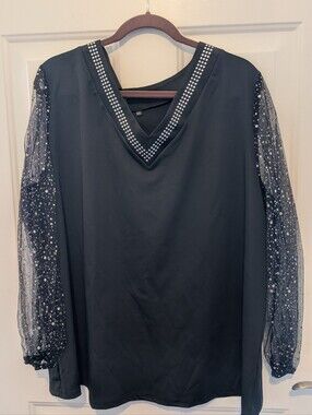 Black V-Neck Women's Top with Sheer Speckled Sleeves